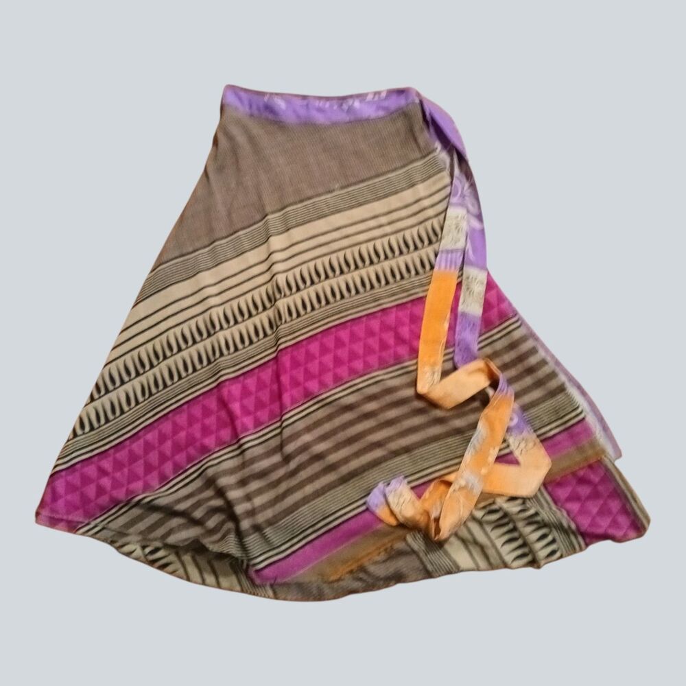 Darn Good Yarn Recycled Sari Silk Wrap Skirt Womens 8-20 Adjustable Boho Tea